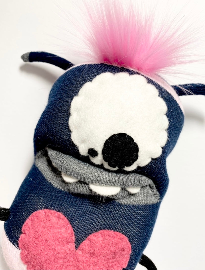Handmade Stuf'd Sock Monster Black in White with Pink Hair