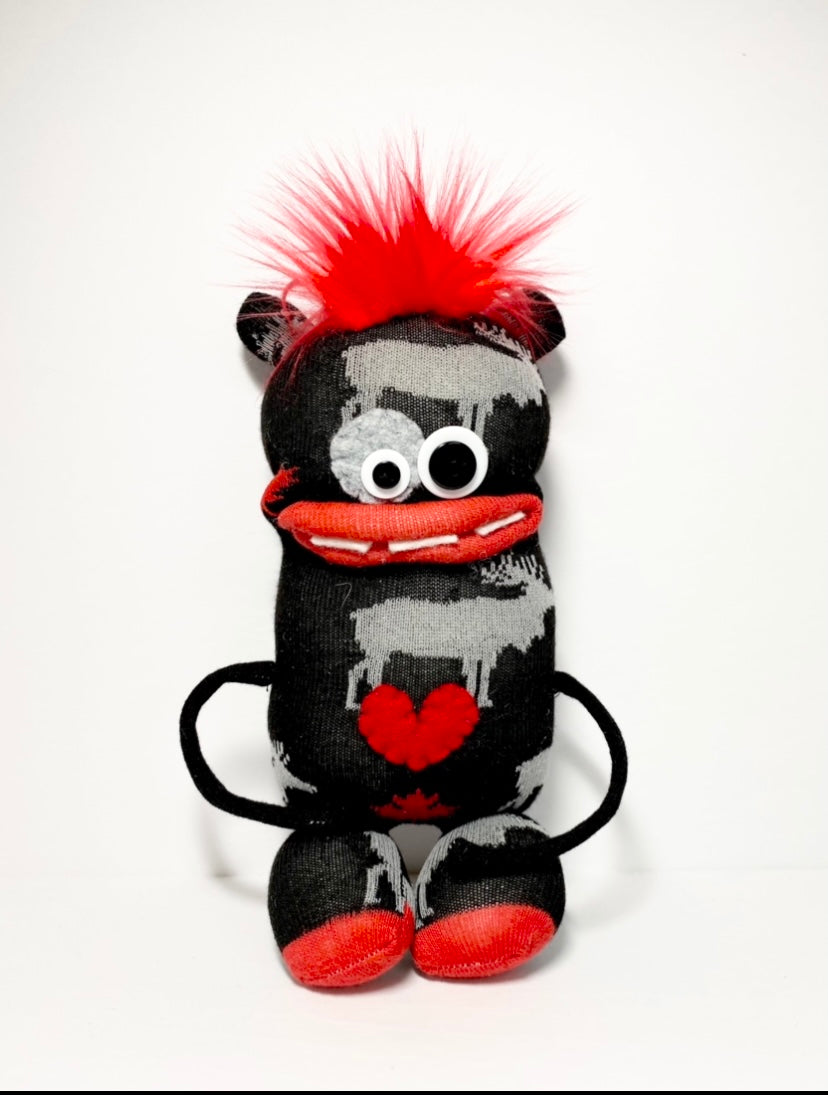 Handmade Stuf'd Sock Monster With Red Heart And Hair